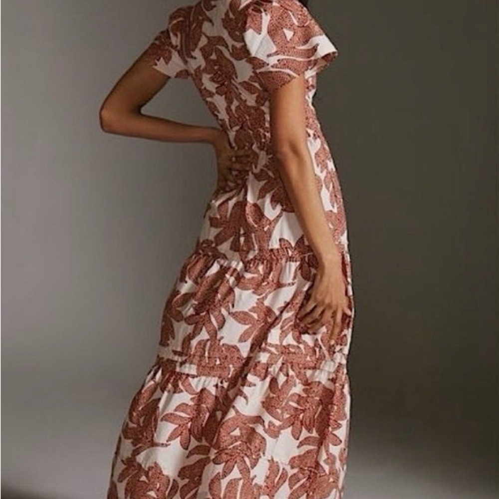 Anthropologie Somerset Deep Red and White Leaf Maxi Dress